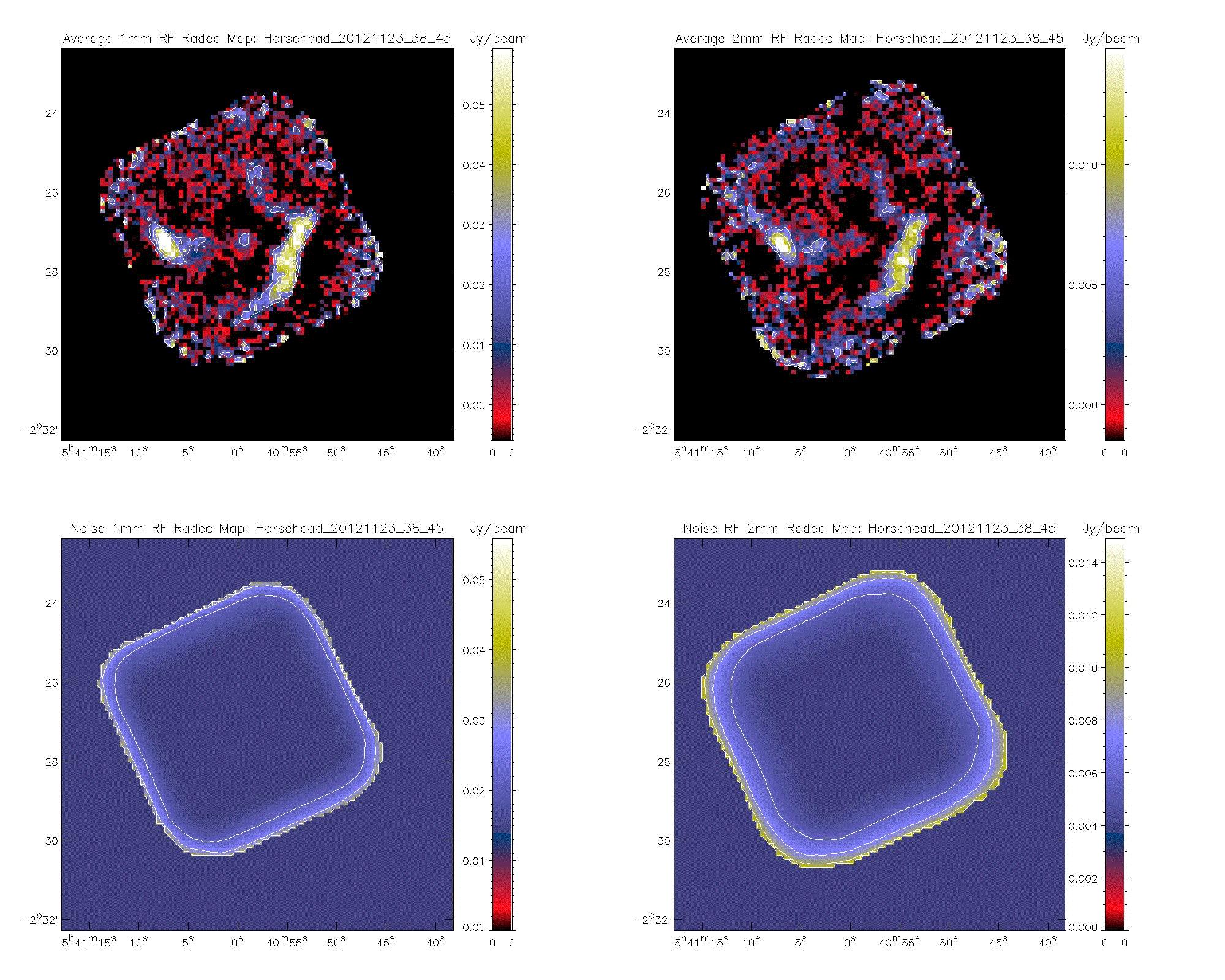 Fig1: NIKA Horsehead maps (signal above, noise below) at 1mm (left) and 2mm (right)